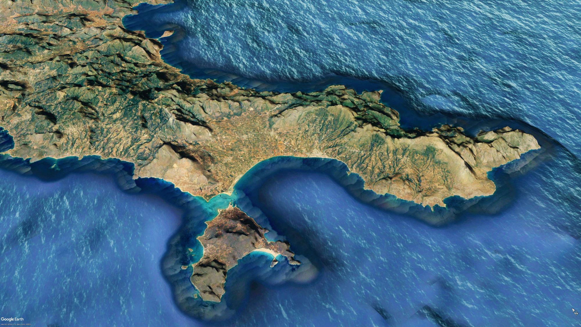 Monemvasia-Vatika topoguide: Satelite image of the Monemvasia-Vatika-Maleas area