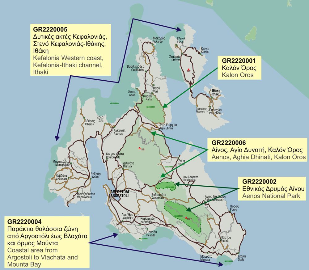Εθνικός Δρυμός Αίνου: Χάρτης των προστατευόμων περιοχών της Κεφαλονιάς